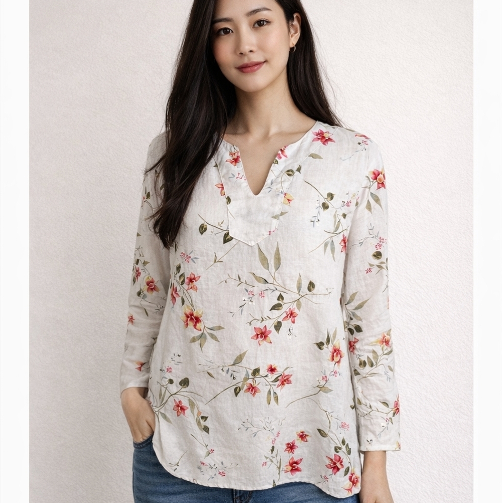 Two Star Dog Pure Linen Tropical Floral Tunic Blouse Top USA Made SZ: L